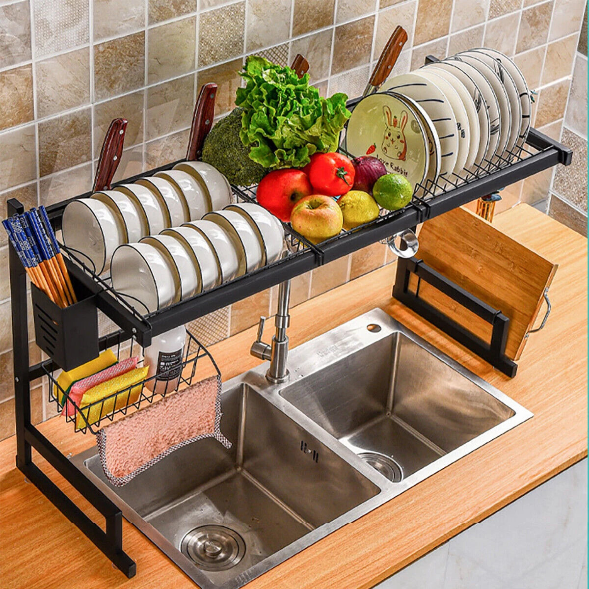 2-Tier Over Sink Dish Drying Rack Stainless Steel Kitchen Shelf Cutlery  Drainer