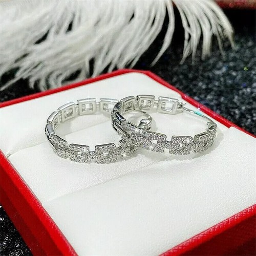 2 Ct Round Cut Diamond Huggie Hoops Women Earrings 14k White Gold Plated Silver - Picture 3 of 10
