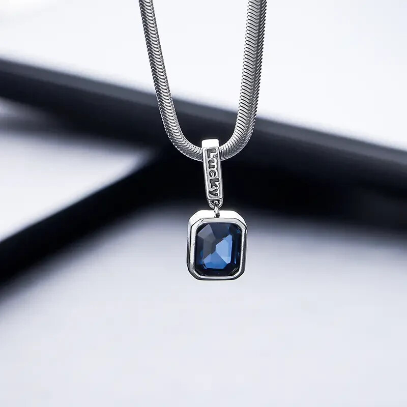 Men's Blue Crystal Stone Pendant Necklace - Stylish Gift for Him