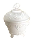 Vintage Jeanette Shell Pink Milk Glass Footed Candy Dish with Lid Grape & Leaves