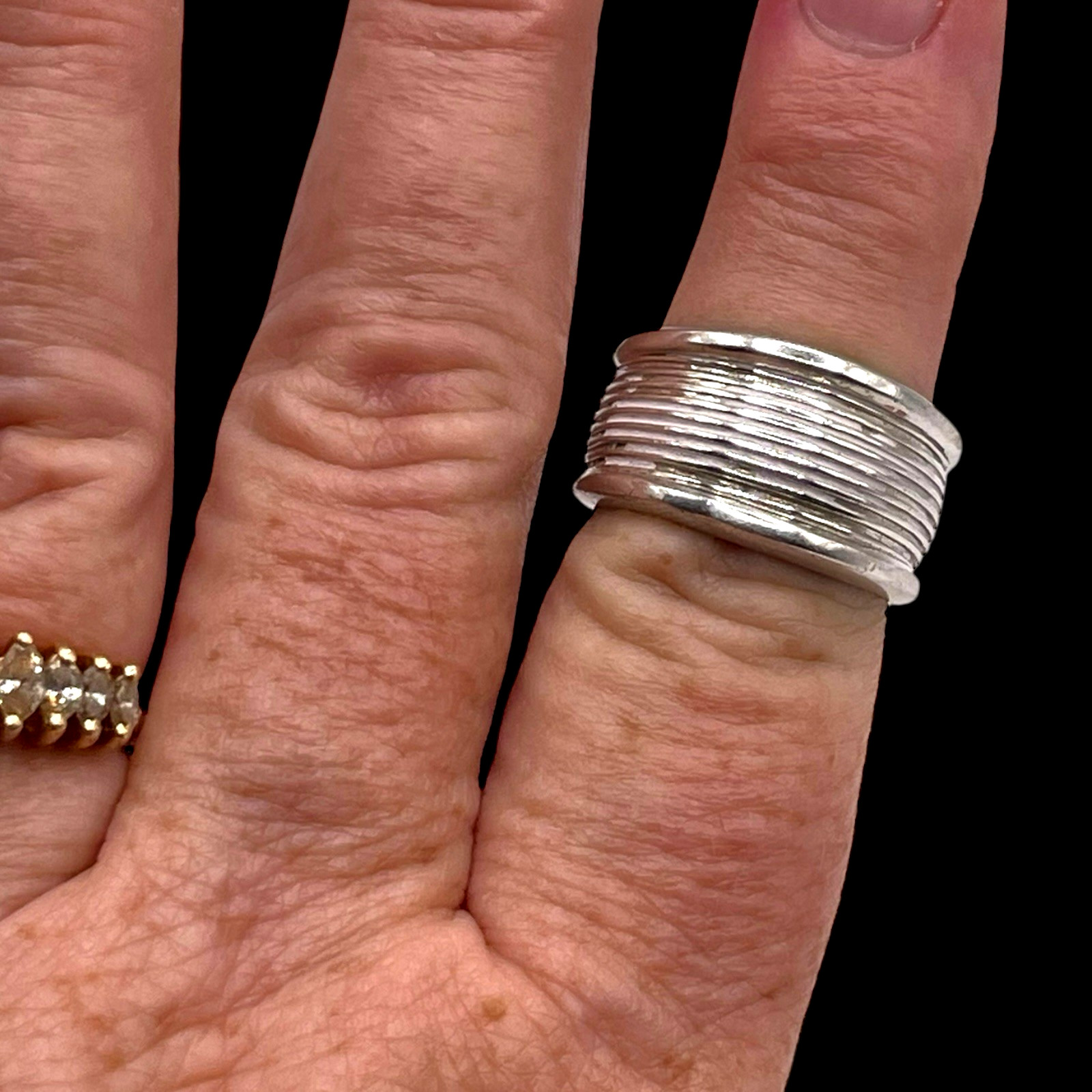 Solid Designer Ribbed 925 Sterling Silver 11mm Wi… - image 1