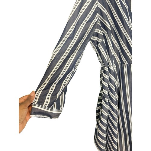 Mlle Gabrielle Striped Faux Wrap Dress Women 3X Blue Asymmetric Roll Tab Sleeves - Picture 3 of 14
