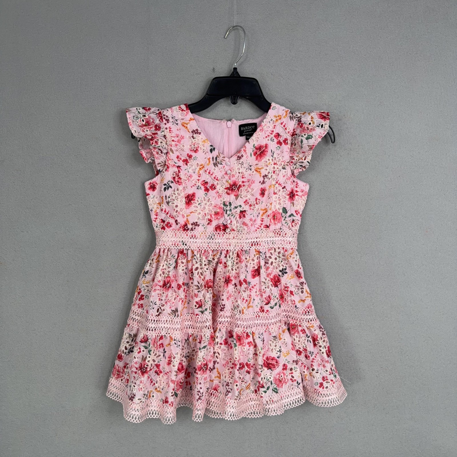 Bardot Junior Dress Girls 10 Pink Floral Lace Fit Flare Flutter Sleeve Party