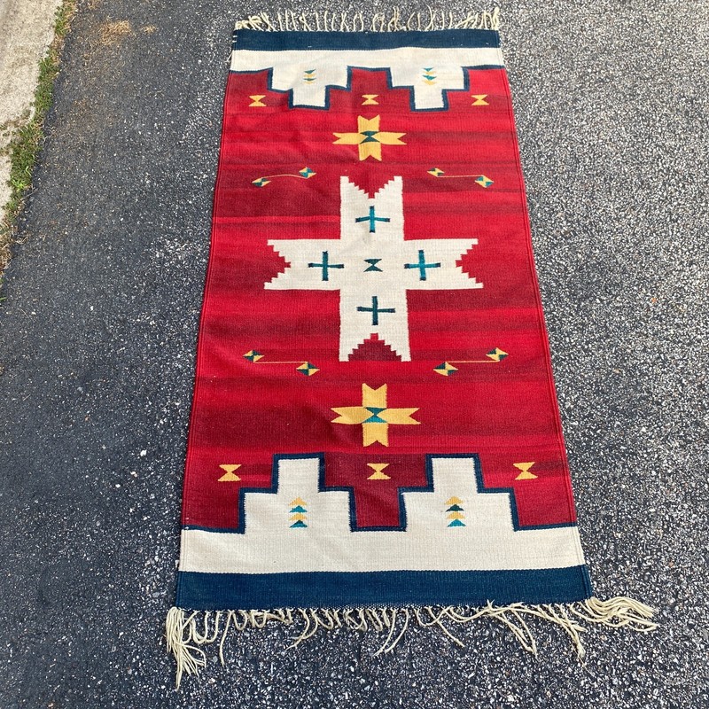 Vintage Southwestern Wool Rug Runner Native Style Hand Woven Red 61x30 Fringe