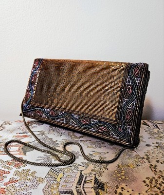 Vintage Walborg Hand Beaded Purse Copper Bronze Evening Clutch or Crossbody Bag