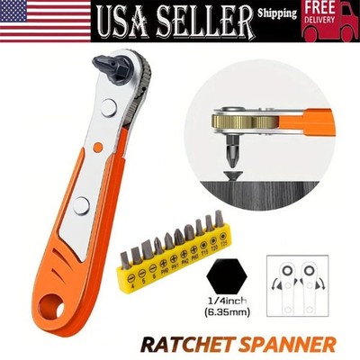 Ratcheting Right Angle Screwdriver Hex Drive 90 Degree Offset + 10pc Bits Set!