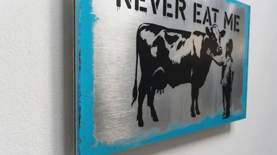 Banksy Hommage Never eat me gebürstetem Silber-Alu  XXL, limitiert, edel Pop Art - Bild 2 von 4