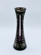 Vtg Moser Black Amethyst Cut to Clear 11" Glass Vase with Hand Painted Flowers