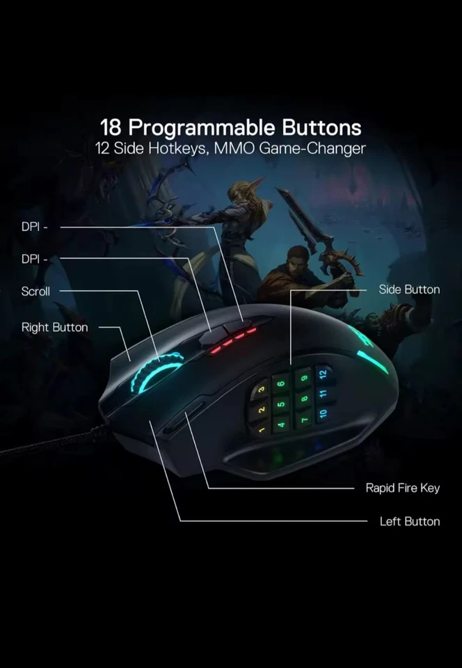 “Redragon M908 12400 DPI IMPACT MMO Gaming Mouse w/ 18 Programmable Buttons” - Image 2 of 4