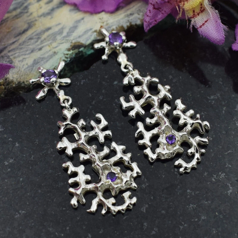 Orecchini pendenti in argento sterling 925 con pietra preziosa ametista... - Immagine 2 di 4