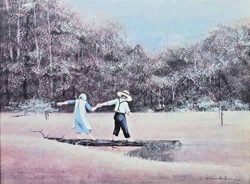 Vintage Mark Polomchak Signed Print Firm Footing Amish Children Walking Tree Log - Picture 3 of 7