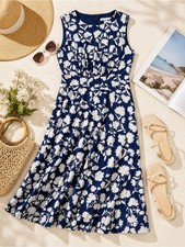 London Times Sleeveless Dress 6 Blue White Floral Fit & Flare Midi Wedding Guest