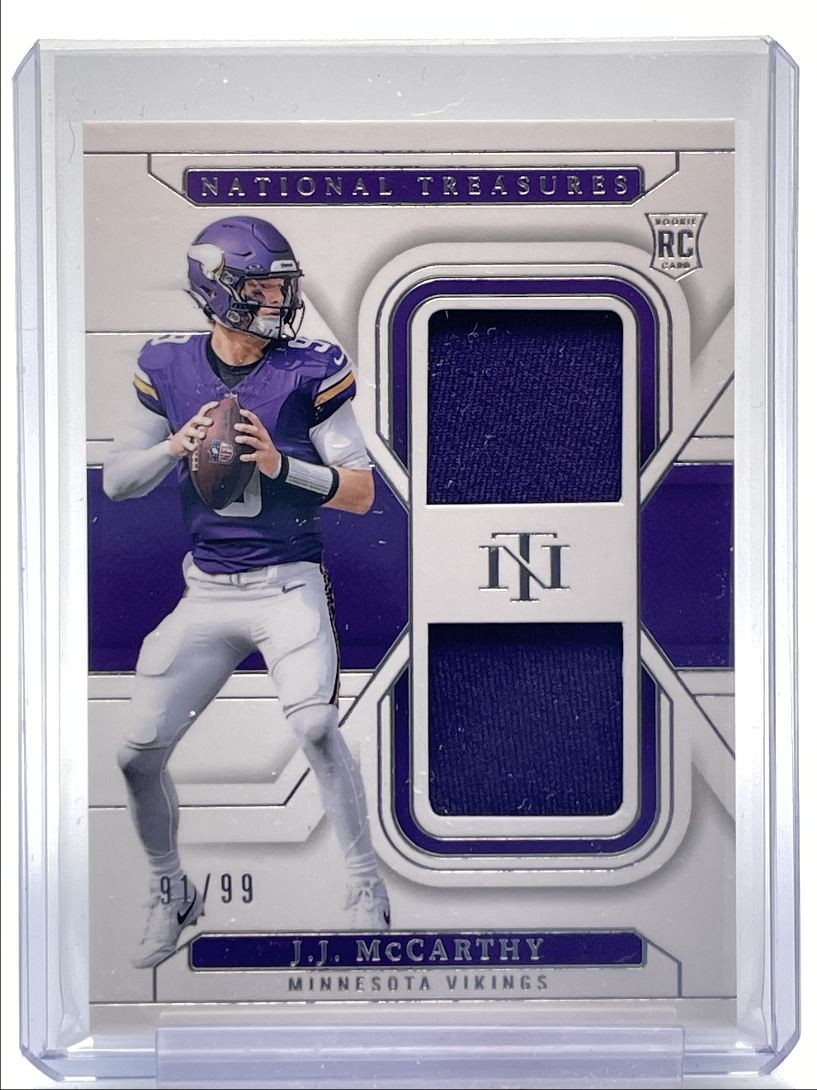 J.J. MCCARTHY 2024 NATIONAL TREASURES ROOKIE DUAL PATCH RC /99 Q0927
