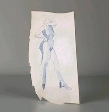 Vintage Estate Original Hand Painted Watercolor Abstract Female Nude 12" X 6"