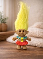 Vintage 1992 Ace Novelty Treasure Troll Mini Yellow Hair Hula Outfit Yellow Gem