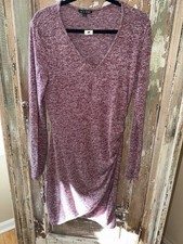 AS U WISH Women’s Large Burgundy Marled Long Sleeve Ruched V-Neck Sweater Dress