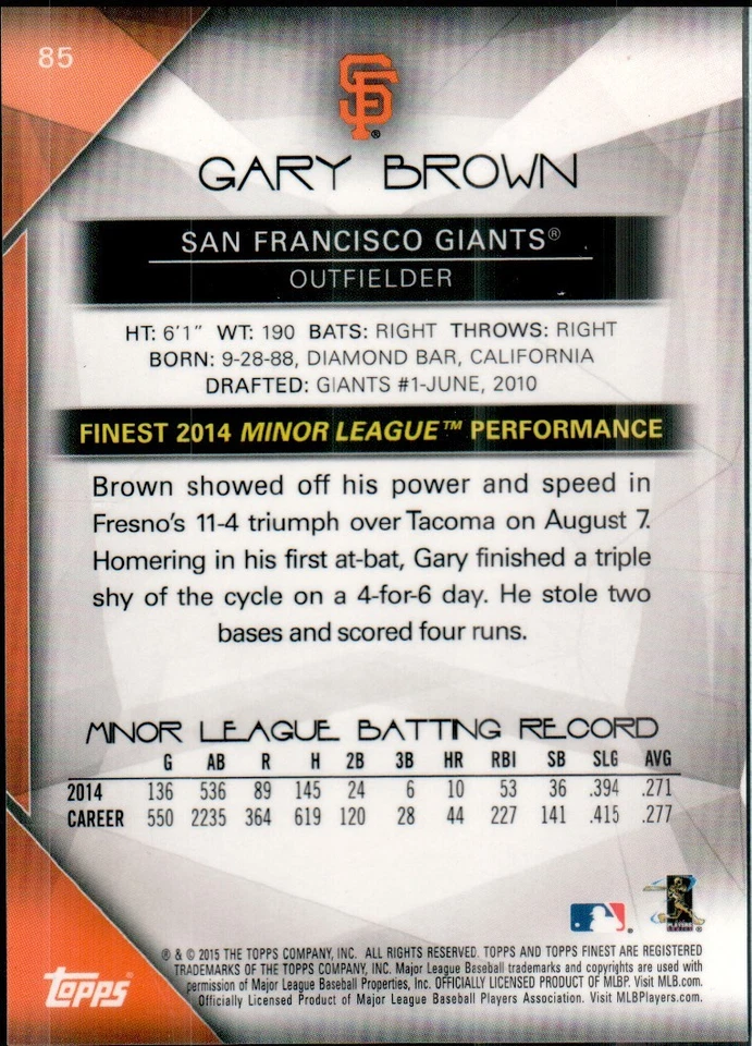 2015 Topps Finest Baseball #85 Gary Brown San Francisco Giants Prism Refractor - Image 2 of 2