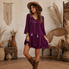 Knox Rose Dress Womens Size M Long Sleeve Embroidered Neckline Burgundy Boho
