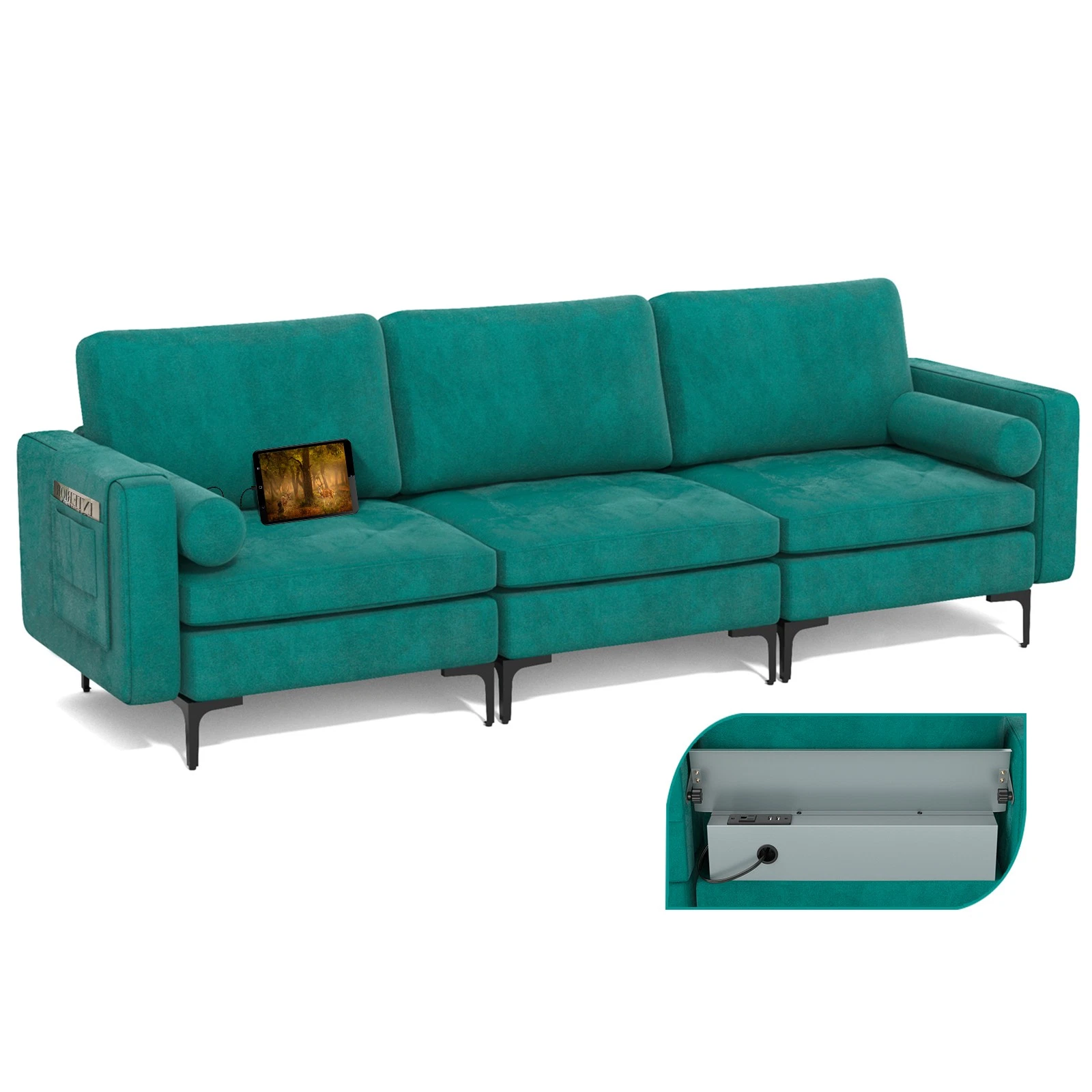 3-Seat Modular Sofa Couch w/ Side Storage Pocket Peacock & Socket USB Ports Teal