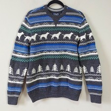 Chaps Men Sweater Medium Gray Blue Academia Crewneck Christmas Cozy Long Sleeve