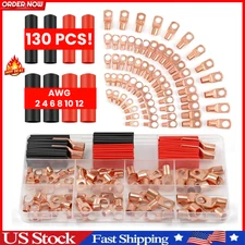 Copper Battery Cable Ends Wire Lugs Assortment Kit AWG 2 4 6 8 10 Gauge 130pcs