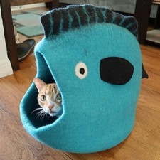 Cat or Small Dog Cave Bed- Turquoise Blue Fish by Dharma Dog Karma Cat