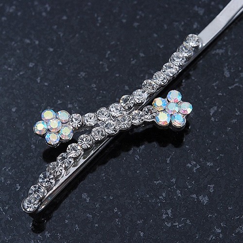 Pair Of Clear/ AB Swarovski Crystal Flower Hair Slides In Rhodium Plating - - Picture 5 of 6
