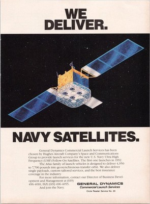 General Dynamics Navy Satellites Print Ad 1989 Commercial Launch