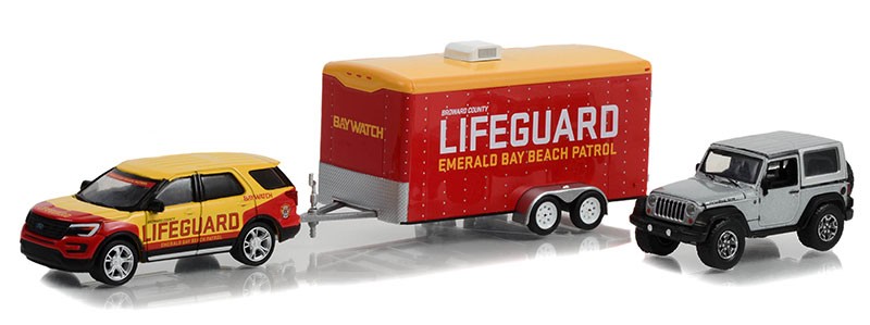 Voiture miniature Greenlight Baywatch avec Ford Explorer, Jeep Rubicon et remorque à l'échelle 1/64