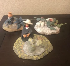  Southwestern Native American (3) Handmade Clay Art Figurines W/ Desert Scenery