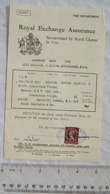 1955 Royal Exchange Assurance receipt with revenue T. & W. Ide, Ratcliffe