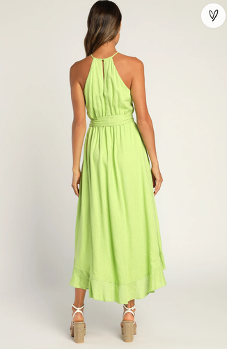 LULUS Lime Green Faux-Wrap Ruffled Midi Dress - Picture 2 of 6