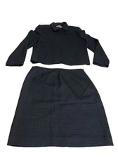 Amanda Smith Pure Wool Suit Set Women 16 Skirt Jacket Black Textured Lined VTG