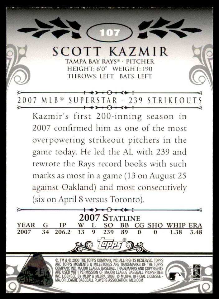 2008 Topps моменты и вехи красный Скотт Казмир 1/1 дьявола лучи #107-228 - Изображение 2 из 2