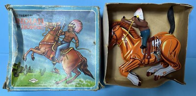 Vintage Wind Up Tin Litho Mechanical Indian On Horse w/Box - Made