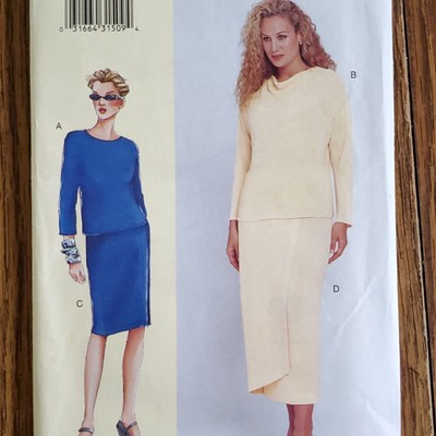 00s Vogue Pattern 7264 Cowl Neck Shirt Top Straight Faux Wrap Skirt A B C