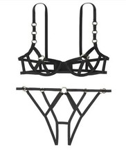Victoria  s Secret Harness Bra Set Balconet Cheekini Sz M Black Strappy Rings