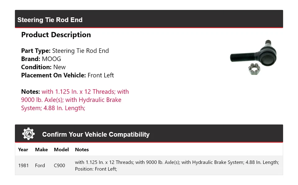 Barra de dirección delantera izquierda MOOG para Ford C900 1981 Foto 2 de 4