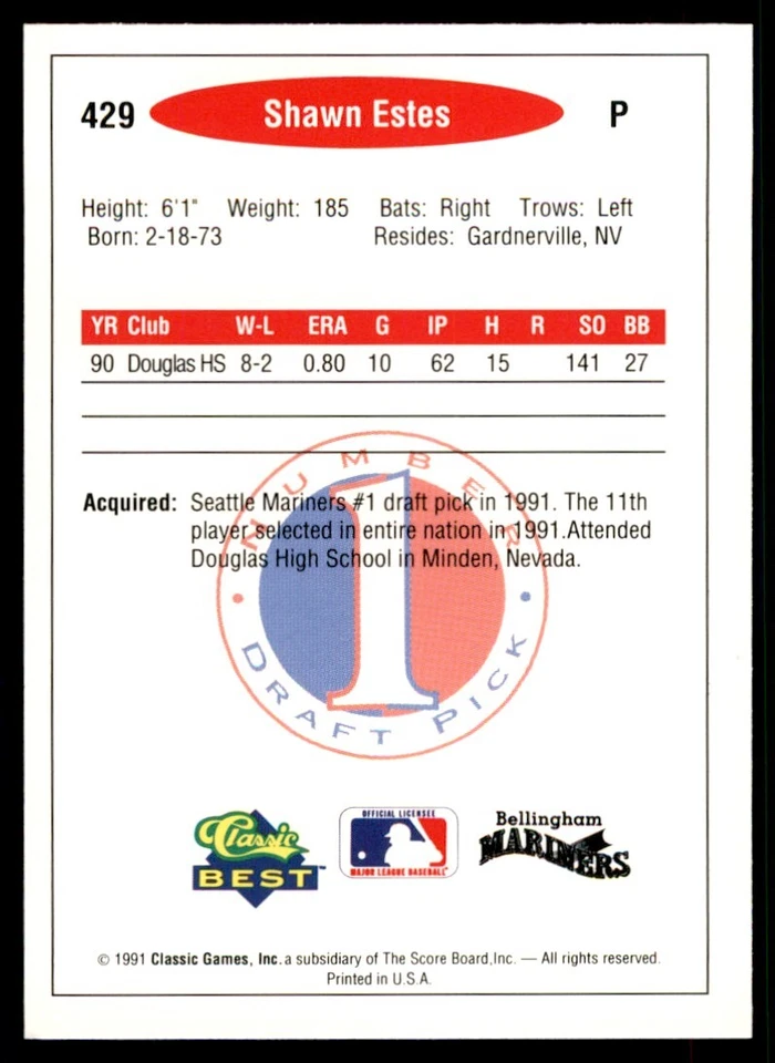 1991 Classic Best Minor League Shawn Estes Baseball Cards #429 - Image 2 of 2