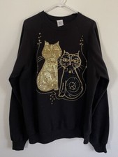 Vintage Karla Reid Cat Sweatshirt Glitter Puff Paint USA made XLARGE Black Gold