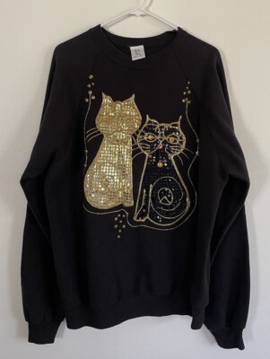 Vintage Karla Reid Cat Sweatshirt Glitter Puff Paint USA made XLARGE Black Gold