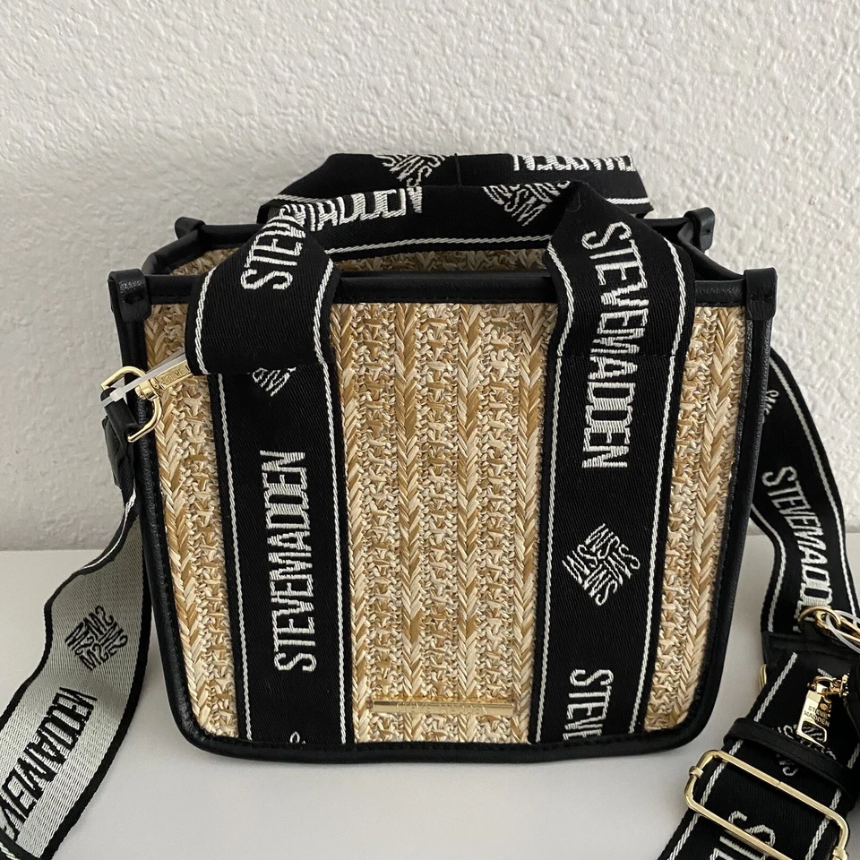 Bolsa tiracolo STEVE MADDEN feminina preta teia palha bolsa fone de ouvido - Imagem 3 de 4