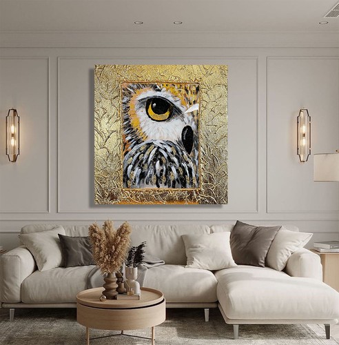 Eule Wandbild, Acryl Gemälde Gold, Moderne Struktur Bild, Wohnzimmer-Dekoration - Bild 9 von 10