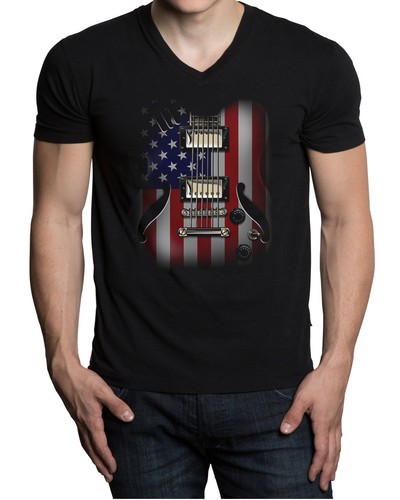 Men's Guitar American Flag Black V-Neck 