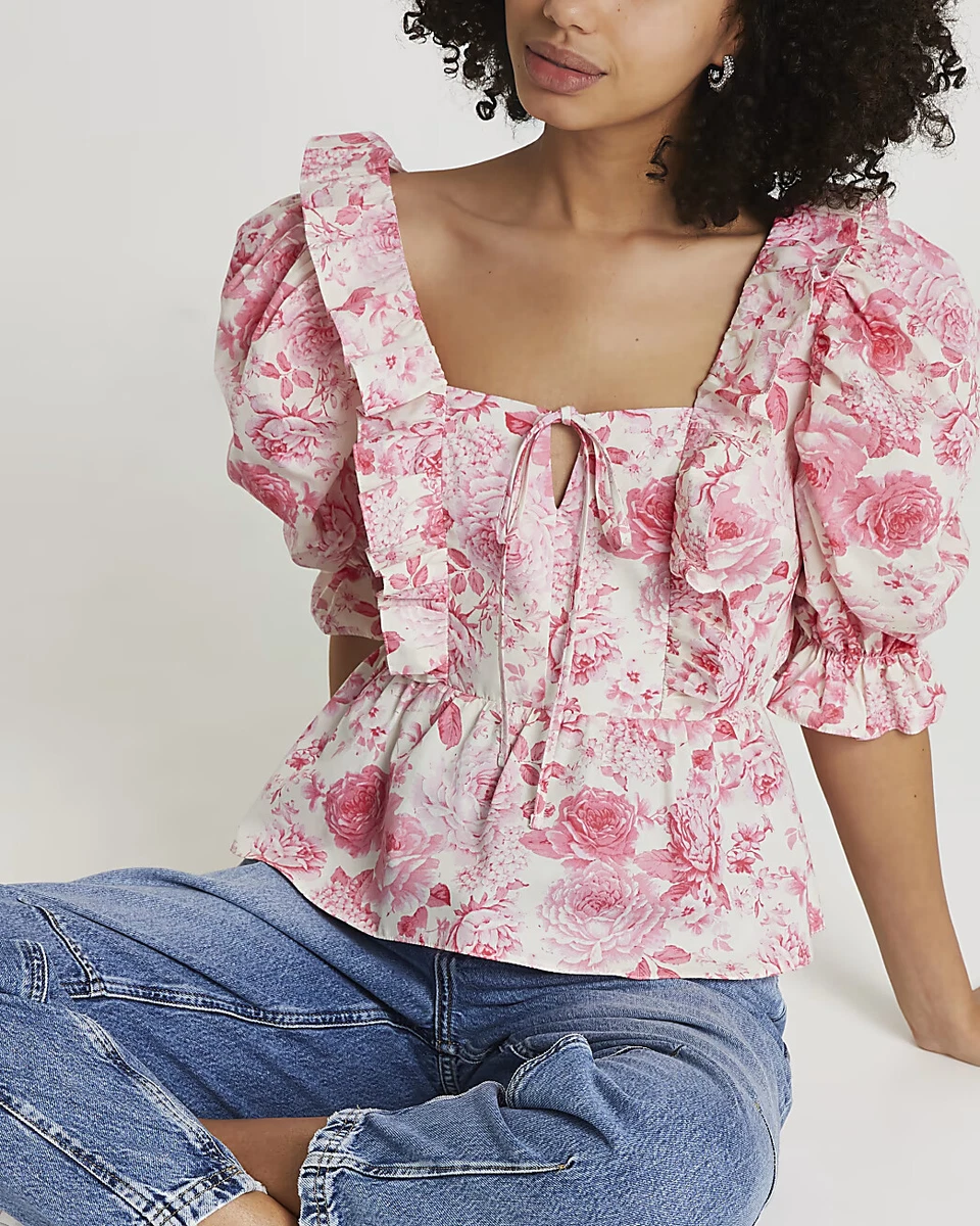 som resultat nylon brysomme NEW RIVER ISLAND FLORAL FRILL HEM BLOUSE TOP PUFF SLEEVE PRINT PINK US SIZE  6 *Q | eBay