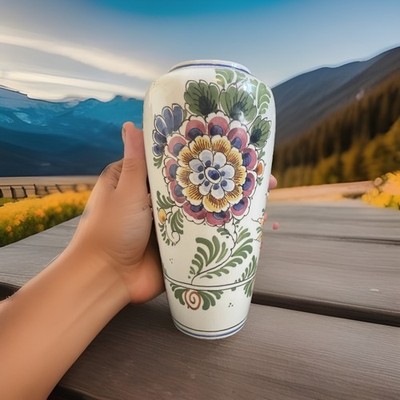 Vintage polychrome Delfter handbemalte Blumenvase