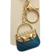Purse Handbag Keychain Charm Gold Tone Blue Faux Pearl Bag Accessories Bling