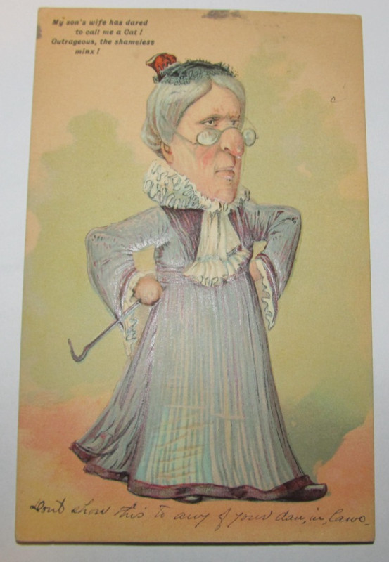 Vtg Foreign Humor Postcard Mother in Law Complaining 1907 Posted Old Lady Grandm