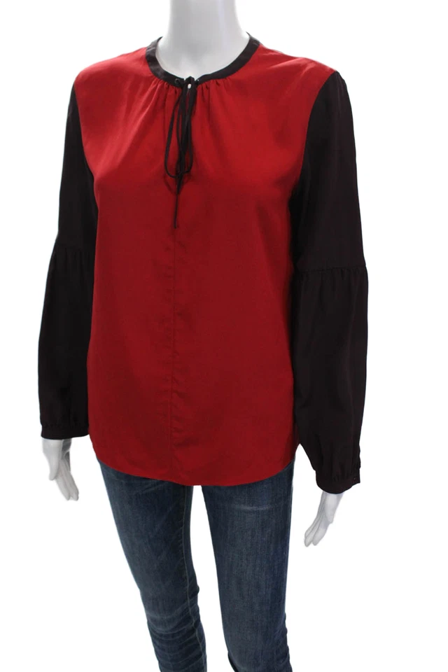 Blusa Akris Punto Mujer Seda Mangas Largas Cuello Llave Rojo Marrón Talla 6 Foto 2 de 4