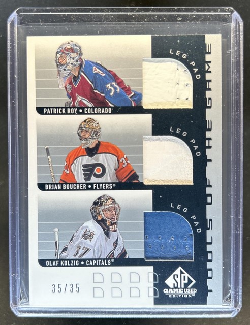 2001-02 SP Game Used Patrick Roy Brian Boucher Olaf Kolzig Tools of Leg Pad #/35